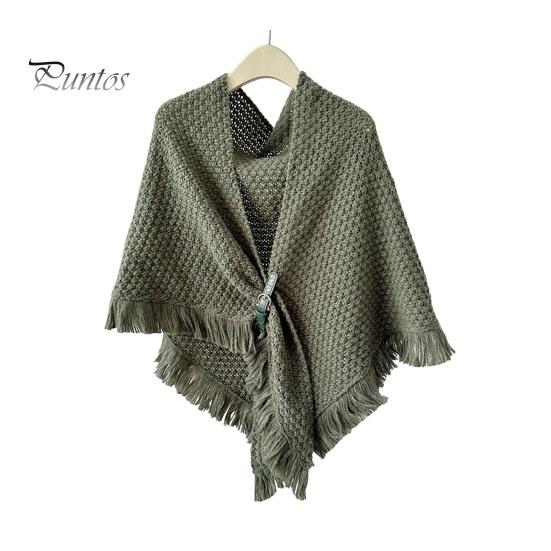 Осенне-зимняя вязаная шаль с кисточками, однотонный треугольный шарф с пуговицами, утолщенная теплая трикотажная накидка