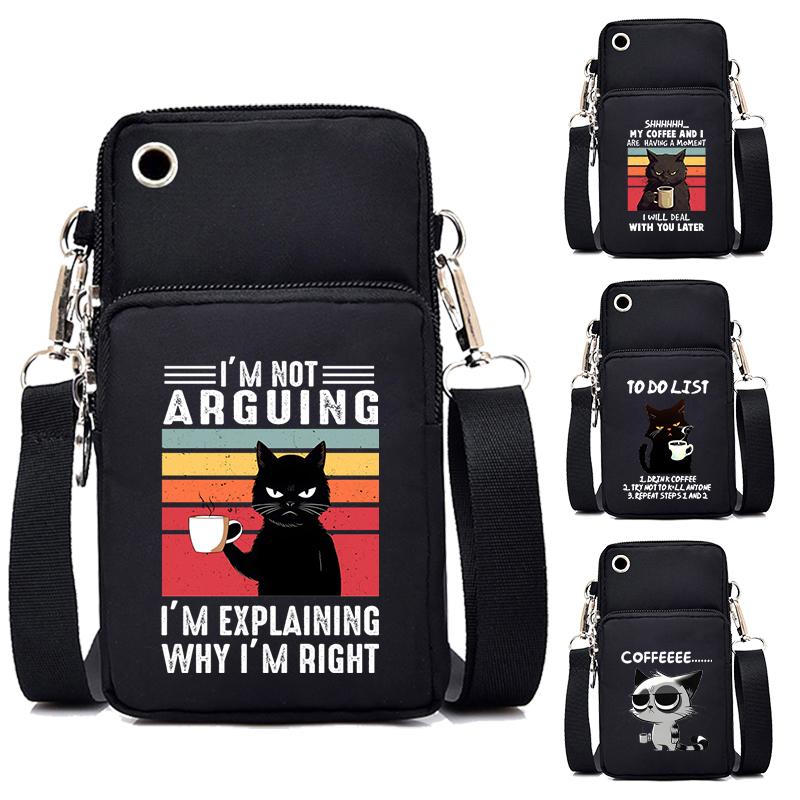 Графическая мини-сумка для телефона, забавная сумка-мессенджер с изображением кота и кофе, маленькая сумка через плечо, женская сумочка