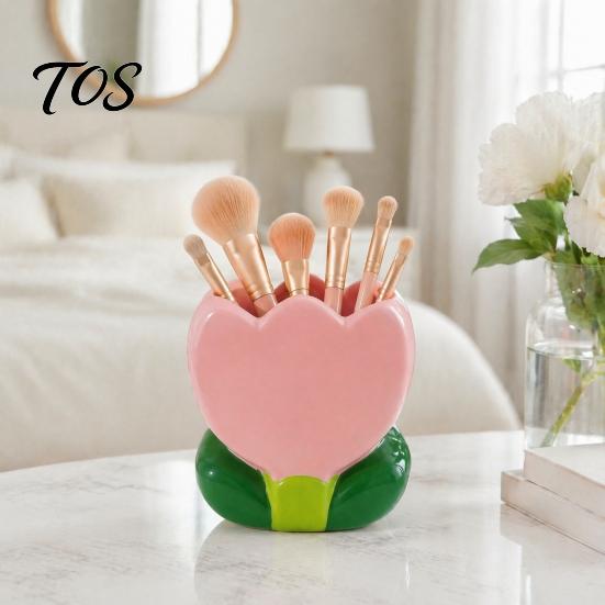 Unique Gifts for Besties Tulip Makeup Brush Holder, Resin Cosmetic Organizer Vanity Desk, Cute Flower Pen Multipurpose Storage Box Cup Office