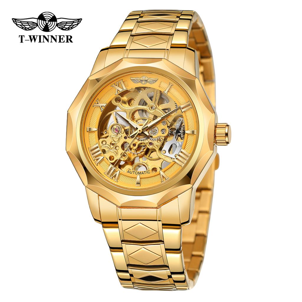 Полигональные мужские механические часы Fashiona Hollowed Out Automatic Watch из нержавеющей стали Skeleton Wristwatches Gold Color Relojes