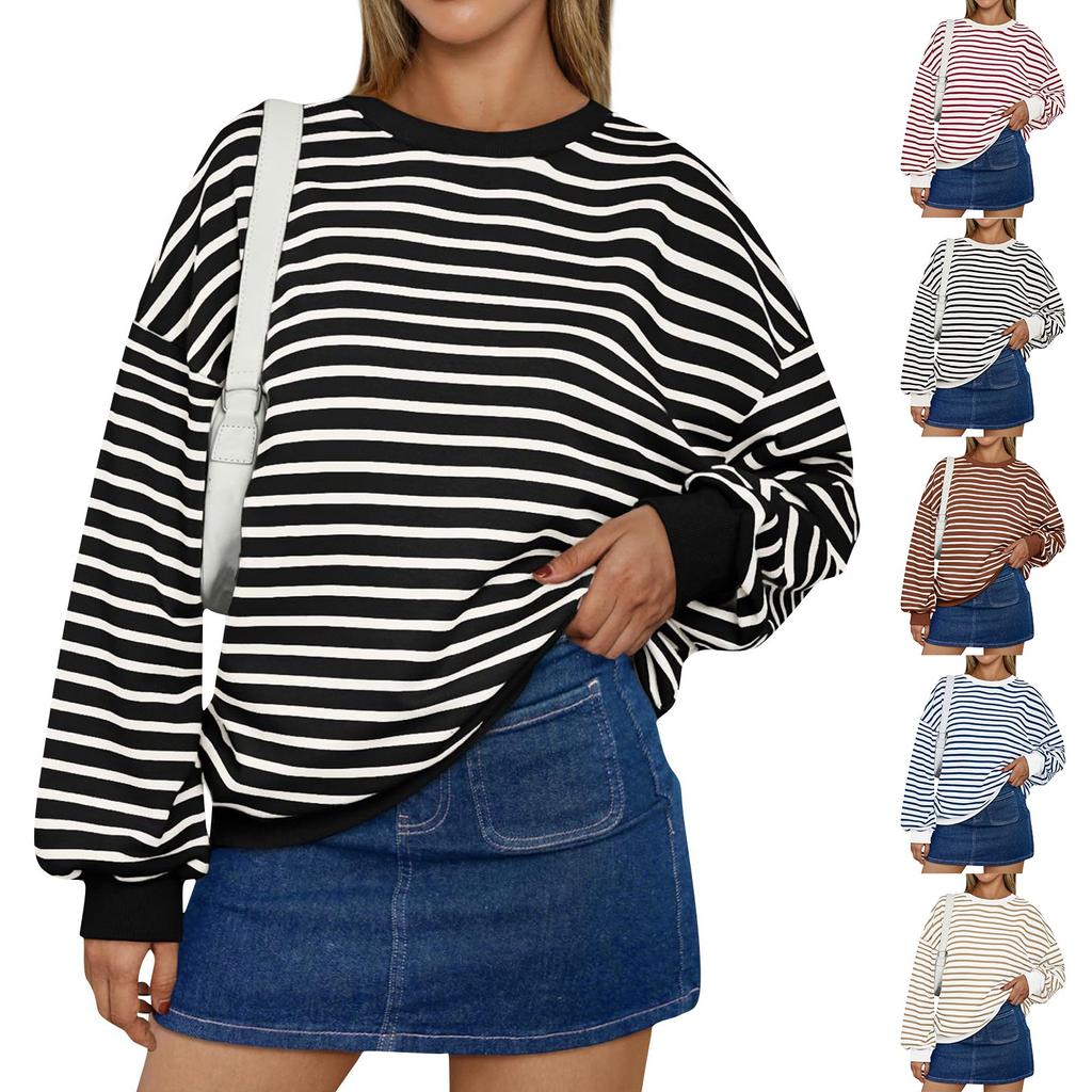 Женская мода круглый вырез полосатый длинный рукав повседневный спортивный свитер топ