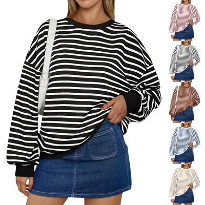 Женская мода круглый вырез полосатый длинный рукав повседневный спортивный свитер топ
