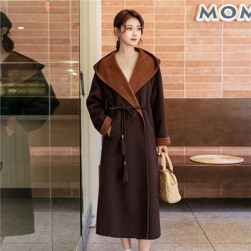 Двустороннее длинное шерстяное пальто-халат с капюшоном и поясом - Осенне-зимняя корейская мода женская верхняя одежда