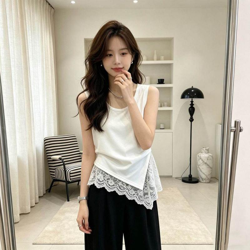Новая летняя женская одежда с асимметричным дизайном, кружевной, французский, без рукавов, майка, футболка