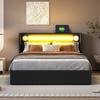 Upholstery Bed 160x200cm Bed with LED Light Strip, Bluetooth-compactible Player and USB Charging, Storage Space Made of Faux Leather, Loft Bed Box,