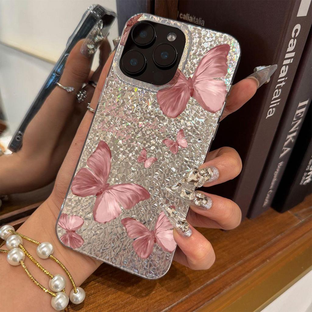 Акриловая задняя панель и ТПУ бампер для iphone 16 Plus 12 18 Pro Max 15 Air 14 11 17 Pro XS Max 13 XR Розовая бабочка и Текст hone Чехол Ударопрочная крышка