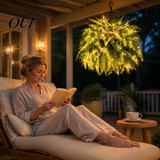 Artificial Fern for Garden Decoration Pre-Lit Ferns with Warm LED Lights, UV Resistant Faux Hanging Plants Christmas Party Decorative Outdoor