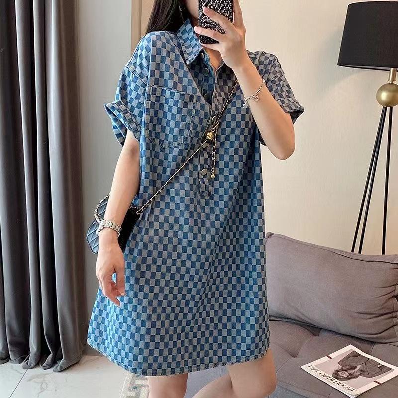 Plus-Size Women's Blue Denim T-Shirt Dress - Loose, Medium Long, Short-Sleeve, Summer Style.