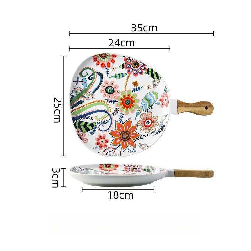 Colorful Floral Ceramic Handled Plate, Creative Decor Food Serving Dish with Solid Wood Handle, Microwave Unavailable