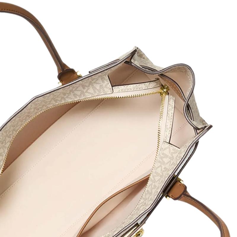 Michael Kors M K Hamilton Логотип Покрытие Холст Золотой Замок Декор Сумка через плечо Маленькая Женская сумка через плечо Ванильно-Белый Желудочно-Коричневый 30F5GNXT0B-1546