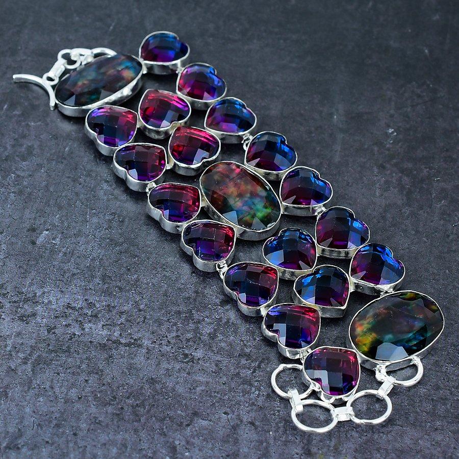 Natural Ammolite, Tourmaline Gemstone 925 Sterling Silver Bracelet 7-8" B2R41