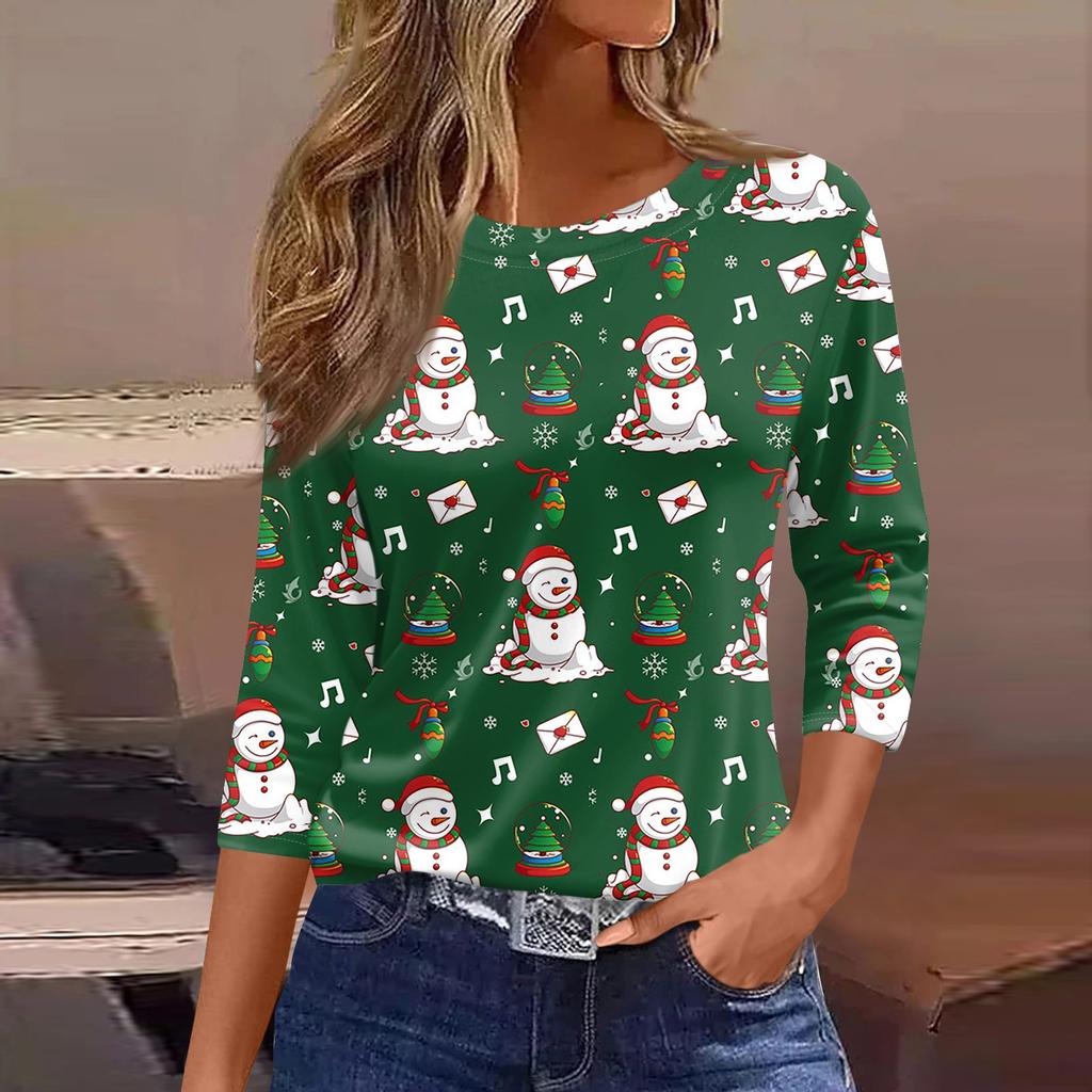 Женские топы, рубашка с семью рукавами, свободная футболка с круглым вырезом и принтом рождественского снеговика и елки