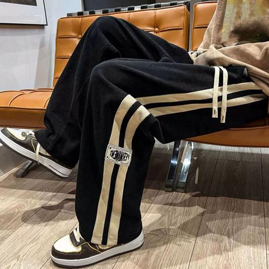 Men Pants Drawstring Elastic Waist Wide Leg Striped Retro Solid Color High Street Full Length Loose Soft Breathable Men Sweatpants Trousers