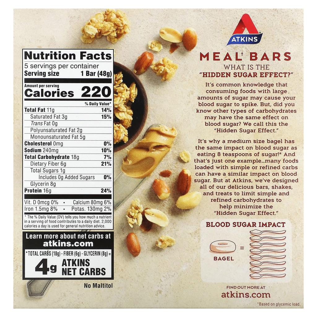 Atkins Protein Meal Bar, Peanut Butter Granola Bar, 5 Bars, 1.69 Oz (48 G) Each