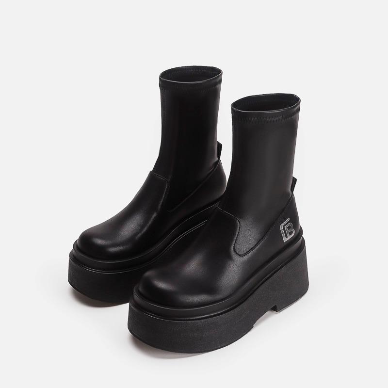 Ботинки ботинки на толстой подошве женские новые маленькие толстые мм эластичные тонкие ботинки увеличивающие высоту голенище рыцарские ботинки ботинки девушки-специи