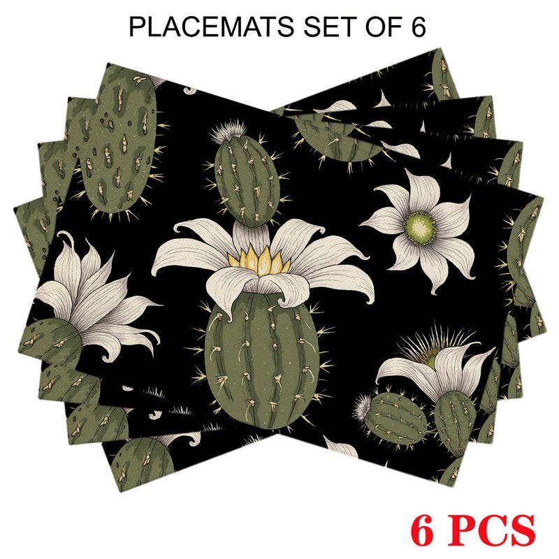 4pcs/6pcs Rectangular Placemats Suitable for Home & Restaurants - Vintage Black with Green Cactus & White Flower Wallpaper Table Mats, Seamless Heat-R