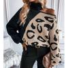 Europe, America, Autumn And Winter New Leopard Print Women'S Sweater Sexy Off-The-Shoulder Splicing Turtleneck Pullover Women