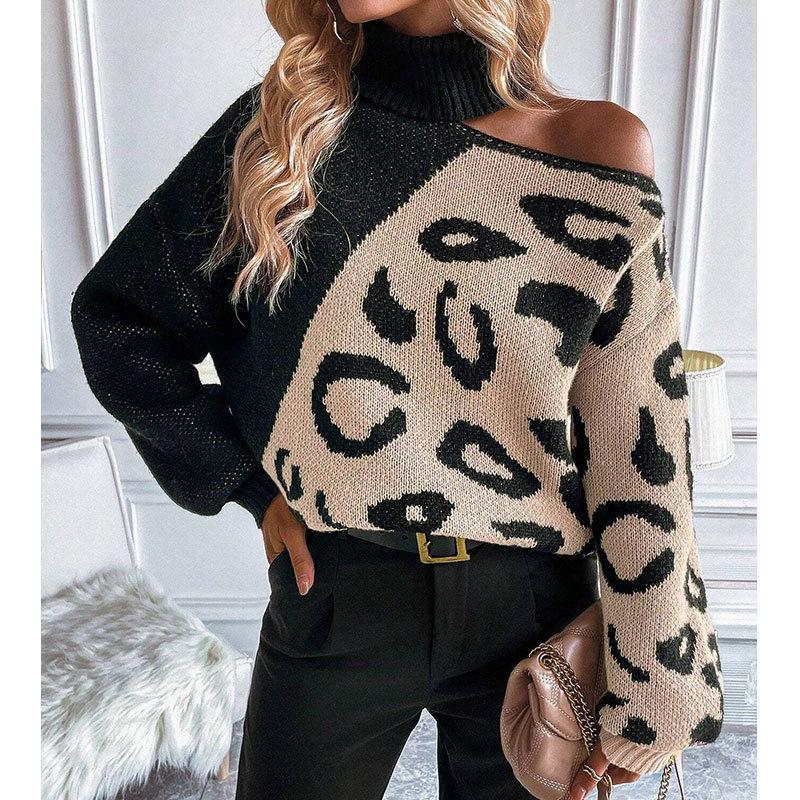 Europe, America, Autumn And Winter New Leopard Print Women'S Sweater Sexy Off-The-Shoulder Splicing Turtleneck Pullover Women