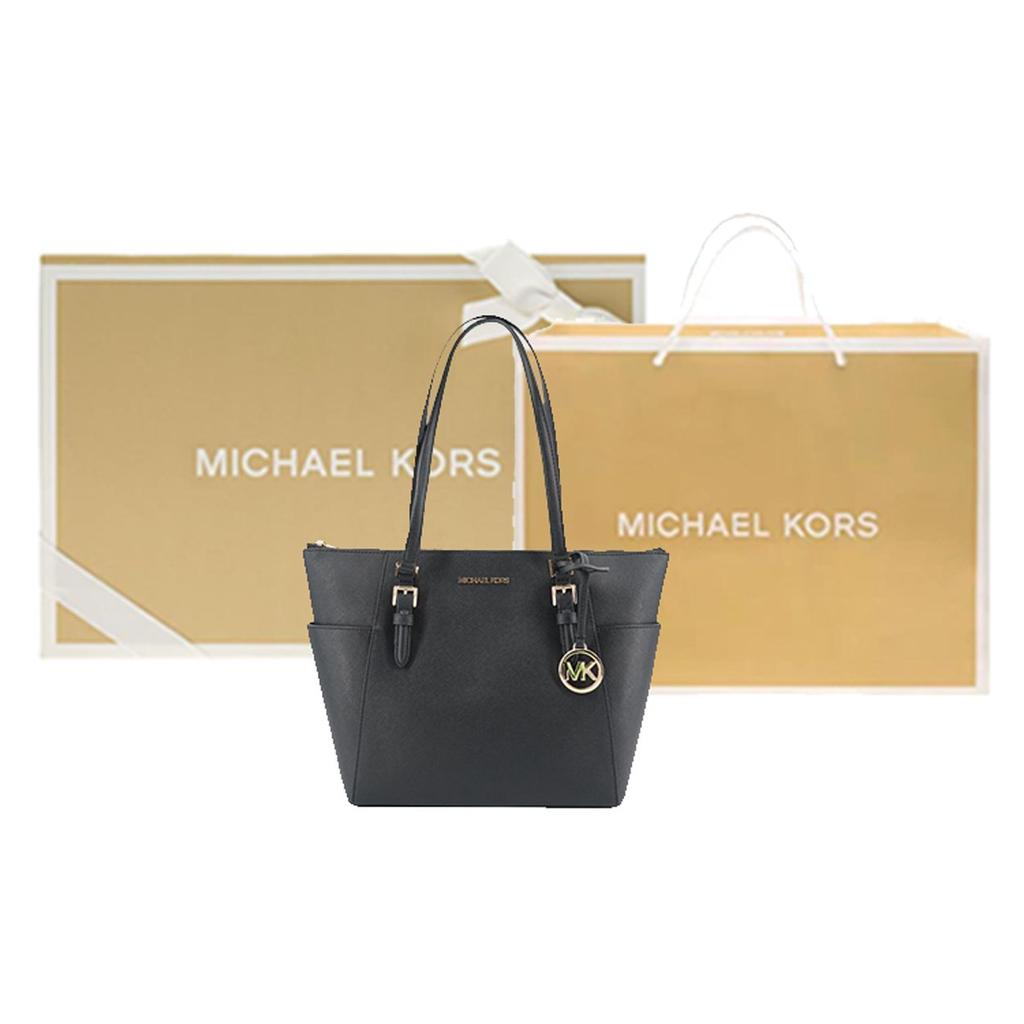 Michael Kors Mk Charlotte Винтажная Однотонная Сумка-тоут Большой Вместимости с Подвеской-логотипом для Поездок на Работу и Покупок Женская тоут Черная 35T0GCFT7L-BLACK