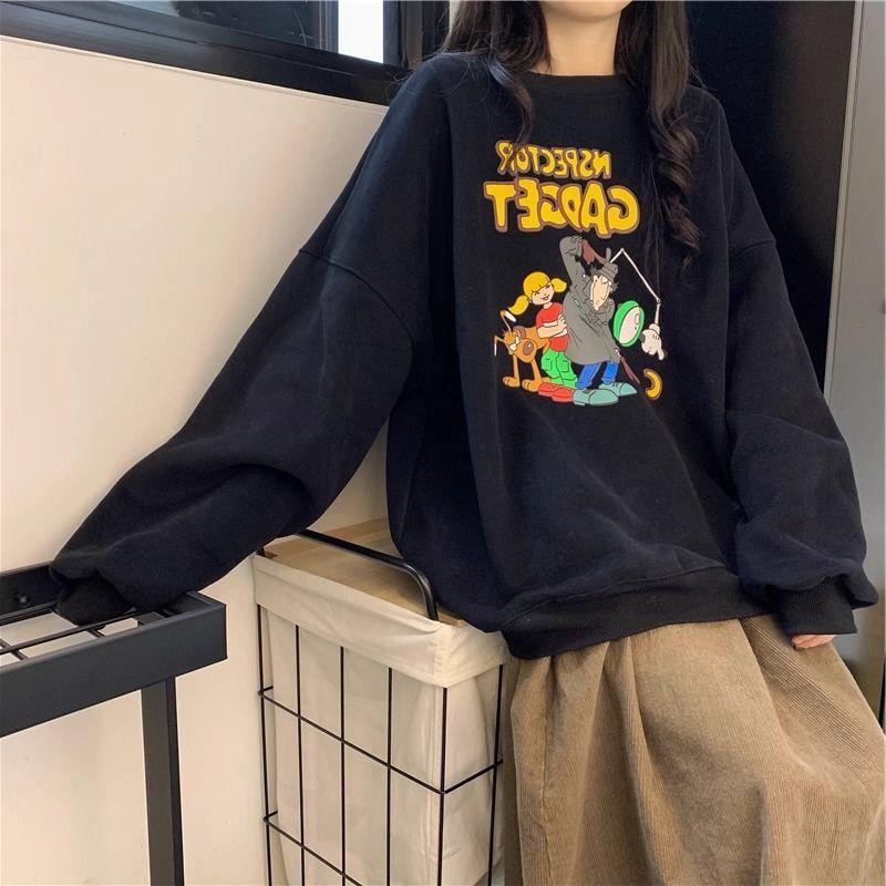 Womens Oversize Crewneck Sweatshirt Cartoon Print Fall Winter Loose Casual Top