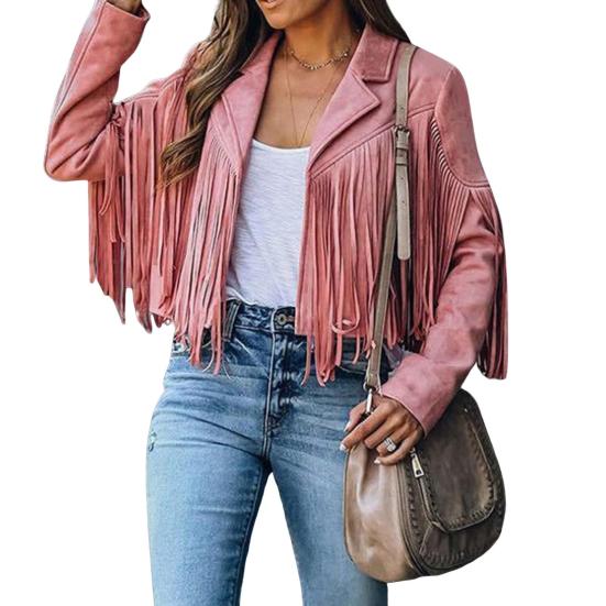 Женская повседневная куртка с кисточками, длинными рукавами, лацканами, укороченное пальто из искусственной замши, байкерская верхняя одежда на весну и осень