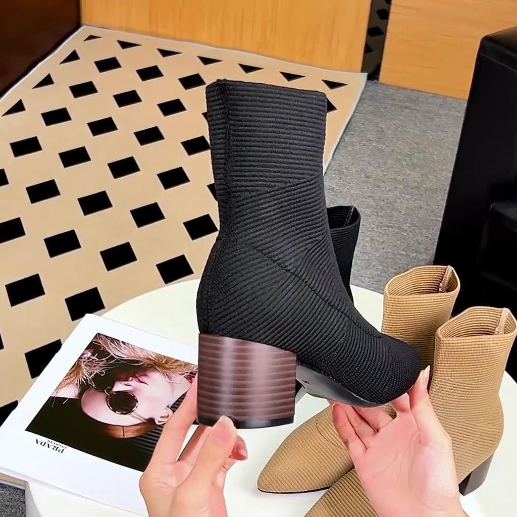 Женские зимние ботинки большого размера с острым носком на высоком каблуке, весенние повседневные ботинки средней длины с толстой подошвой, эластичные вязаные ботинки Martin, носки, обувь 34-43