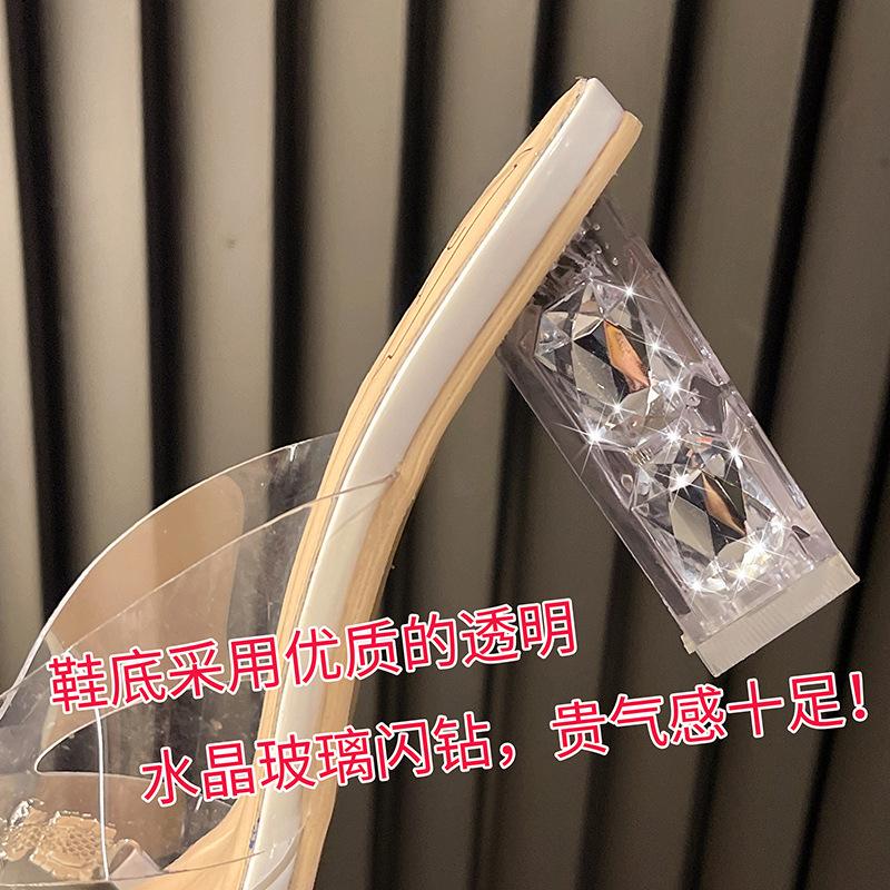 2025 новые заостренные стразы с бантом из прозрачного мешка на голове босоножки носить толстый каблук полутапочки летняя женская обувь