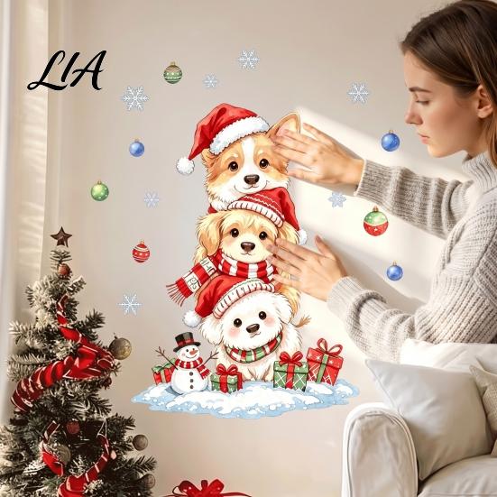 Decorative Stickers for Glass Christmas Wall Decals, Watercolor Stacked Dogs Stickers, Self?Adhesive PVC Xmas Decorations Home Puppy Bedroom Living