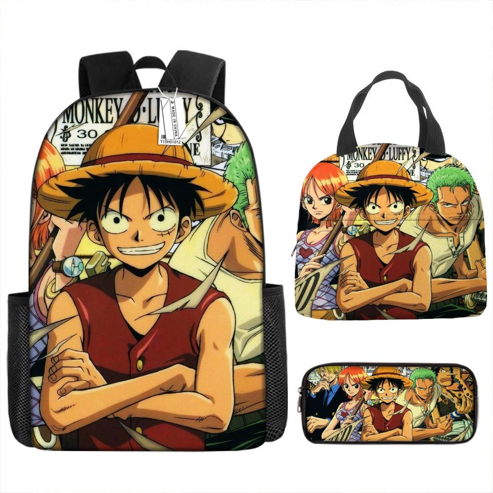 One Piece Luffy Backpack 3-Piece Set Student School Bag Anime Backpack Lunch Box Classic Large Capacity Waterproof