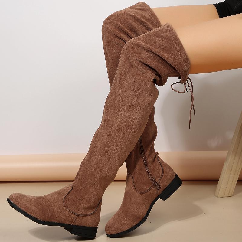 Женские высокие сапоги до бедра, осенние модные сексуальные сапоги на низком каблуке из цельной замши, со шнуровкой сзади, с круглым носком, теплая женская обувь, Botas De Mujer