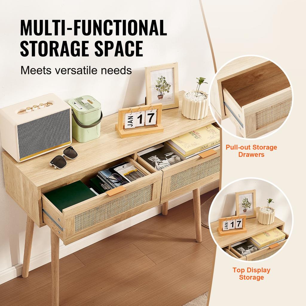 VEVOR Rattan Console Table with 2 Storage Drawers, Rattan Entryway Table with Natural Rattan Sliding Door, Console Sofa Table for Living Room, Study