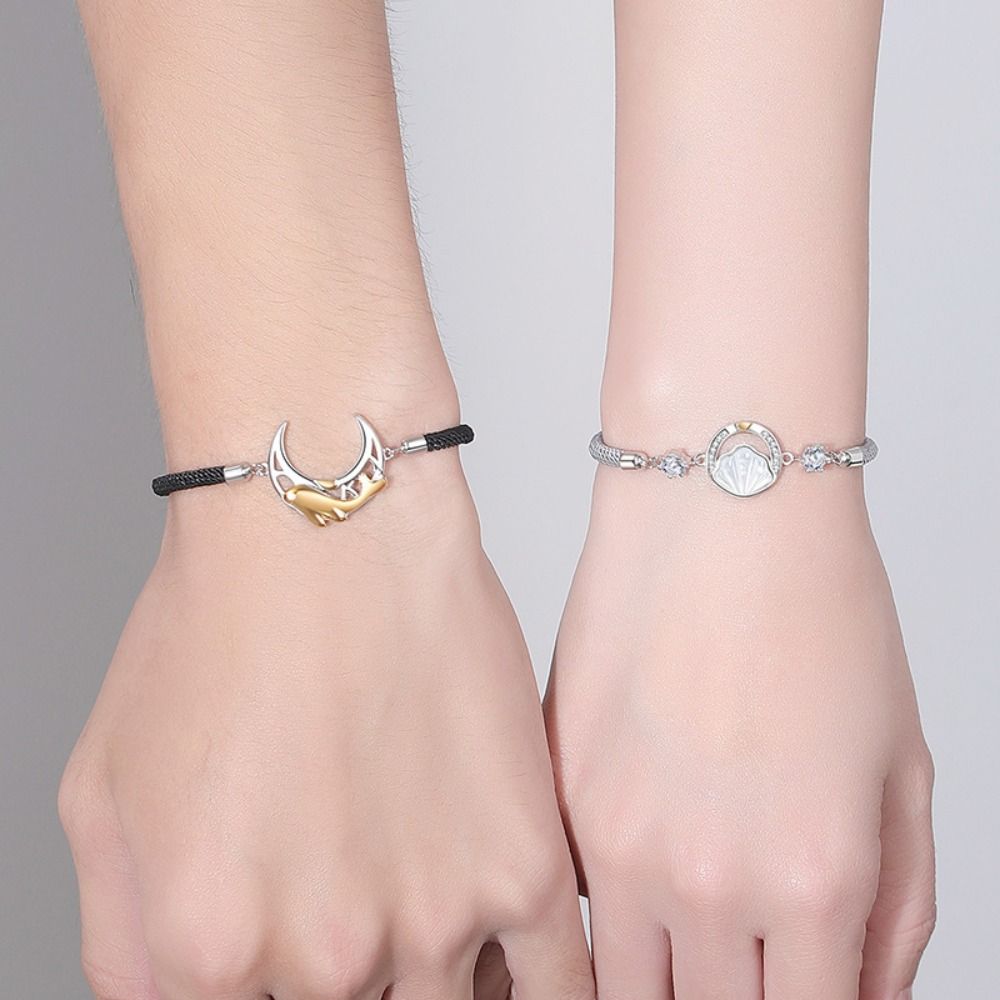 2PCS Light Luxury Lovers Bracelet Crystal Rope Weave Bracelet Couple Moon Bracelet  Couple Gift