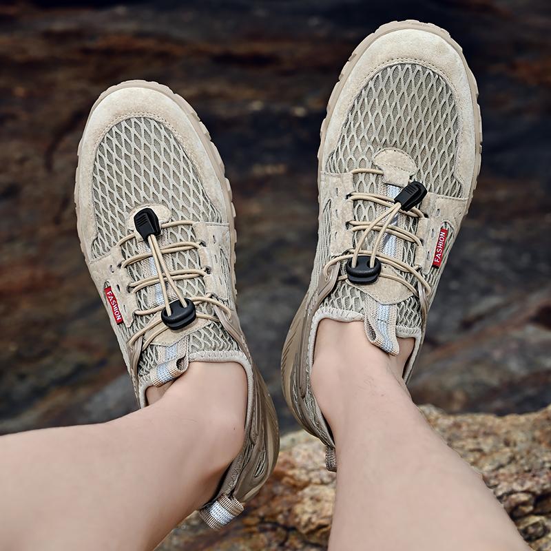 Men’s Outdoor Hiking Shoes Grey Driving Shoes Casual Slip on Summer Black Mesh Shoes Plus Size 45 46