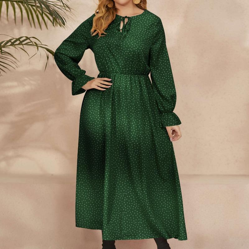 Весна и осень Платья больших размеров для женщин Свободное платье в горошек с длинными рукавами