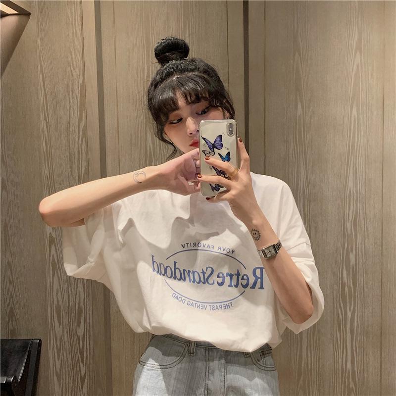 Лето 2024 Корейский Ретро Средней Длины Свободный Большого Размера Модная Женская Футболка с Коротким Рукавом