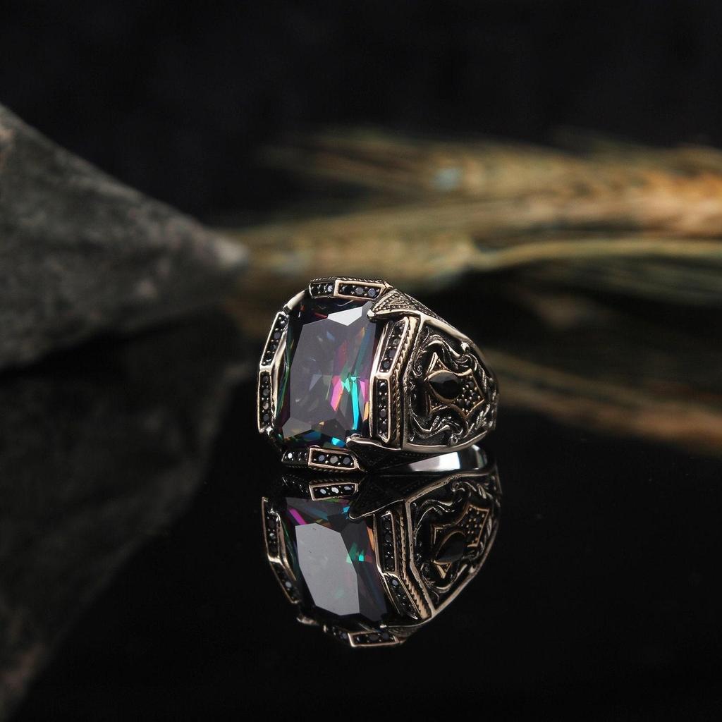 Серебряное мужское кольцо с мистическим дизайном, топаз и цитрин, кольца из стерлингового серебра 925 пробы для мужчин, ювелирные изделия, подарок для него