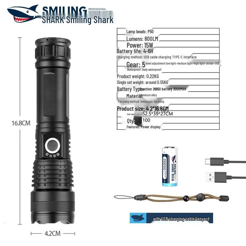 Светодиодный фонарь Smiling Shark X71 с высокой яркостью, из алюминиевого сплава, перезаряжаемый