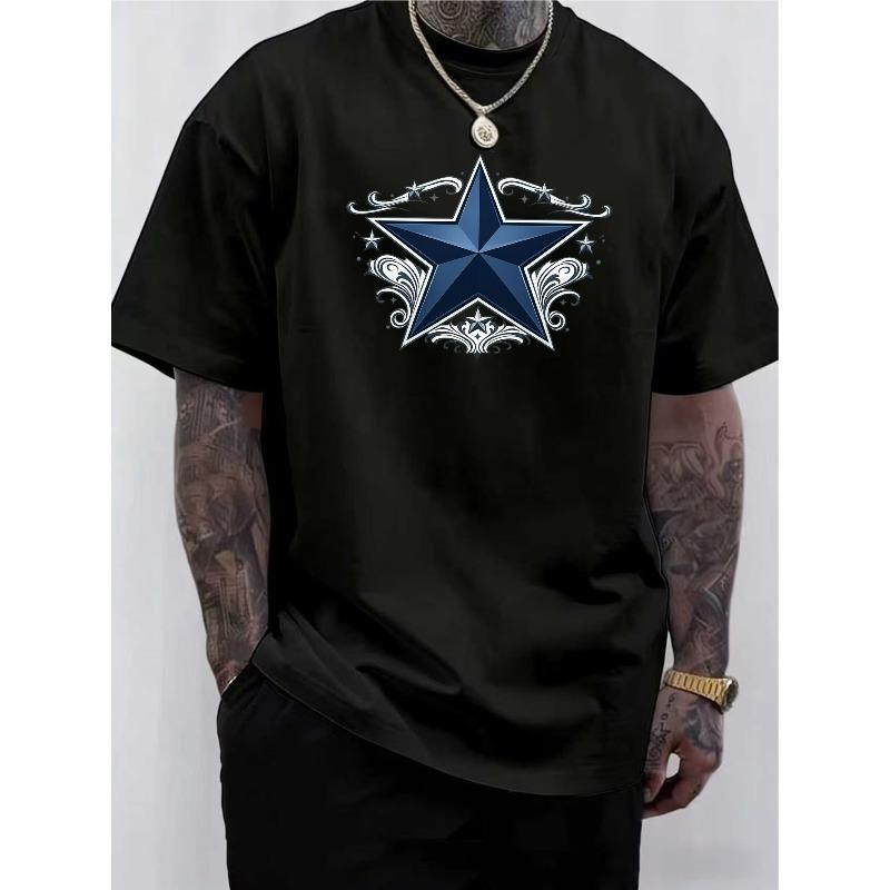 Европейский размер Темная звезда Простота | Очень универсальная для фитнес-тренировок, Футболка с круглым вырезом и принтом, Мужская одежда | Свободный крой, Обычный рукав
