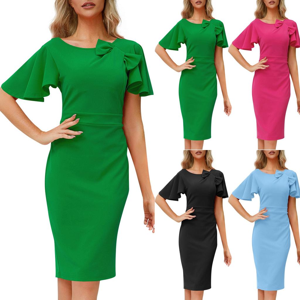 Women's Round Neck Short Sleeve Solid Color Bag Hip Slimming Bow Temperament Dress