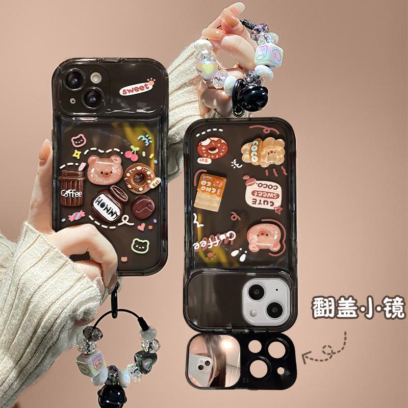 Подходит для чехла на мобильный телефон Apple 14promax iPhone13 кофейный мишка трехмерная кукла-подвеска откидное зеркало 12 мягкий