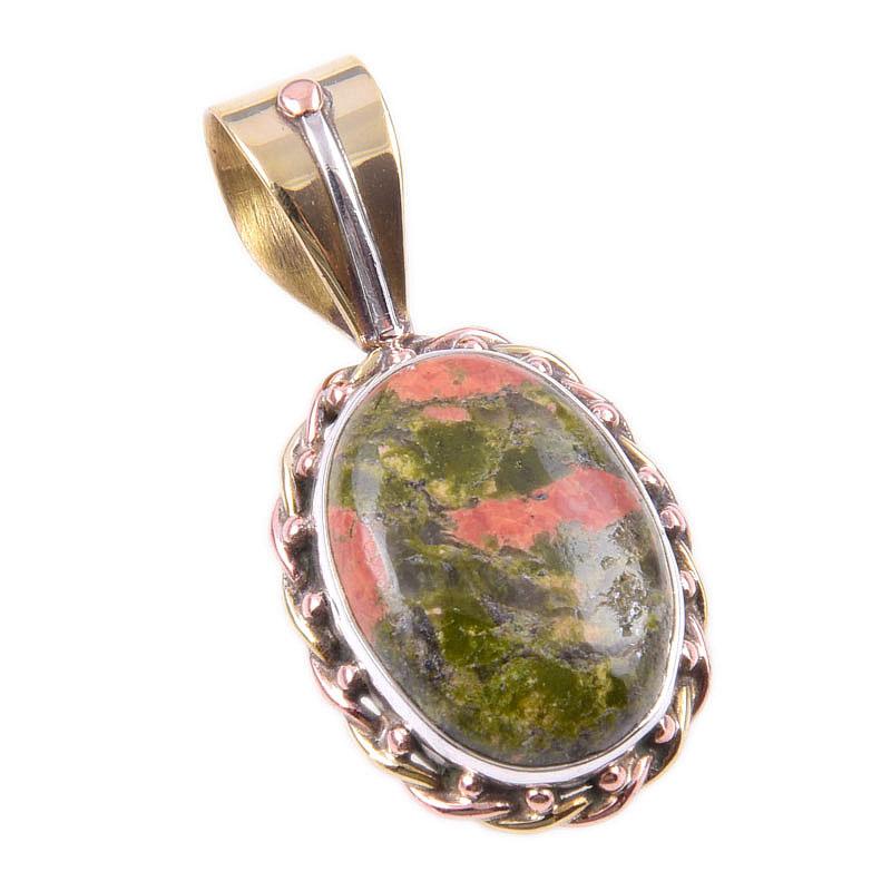 Natural Unakite Gemstone 925 Solid Sterling Silver Two Tone Pendant 1.25" M0w51