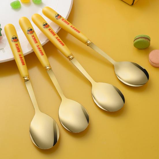 1/6Pcs Dessert Spoon No Burr Heat Insulation Stainless Steel Cartoon Duck Anti-slip Mixing Scoop