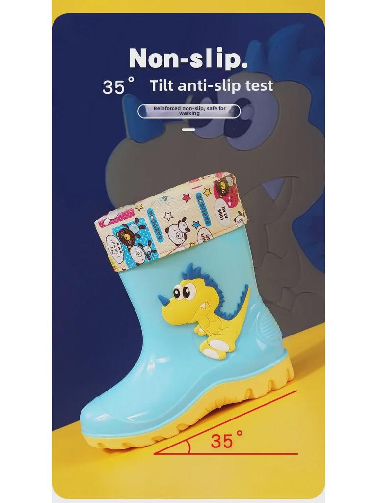 Детские резиновые сапоги с динозаврами: Милые полусапожки для воды с бархатной подкладкой для мальчиков и девочек.