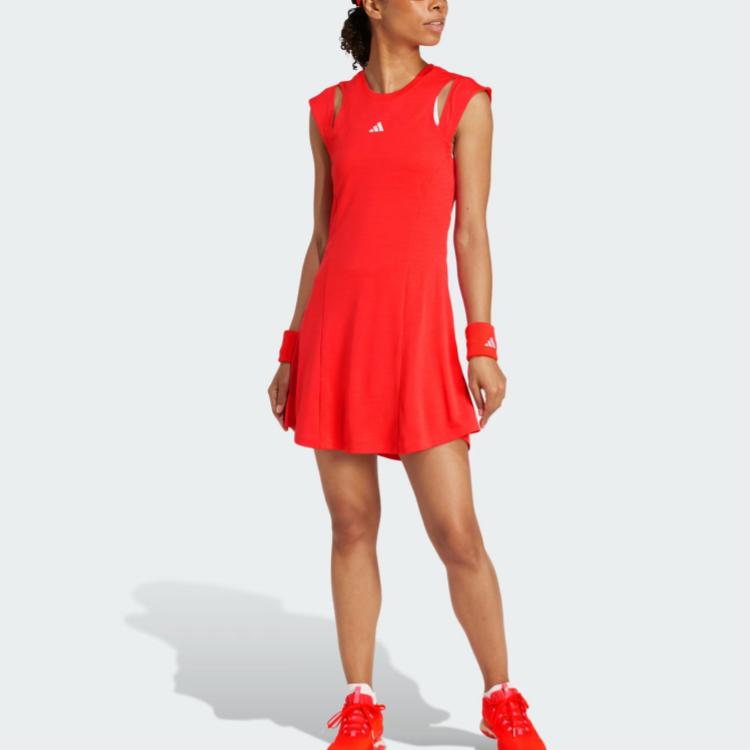 Adidas Hollow Slim Fit Round Neck Short Dress With Leggings Women Dresses Red IN6166