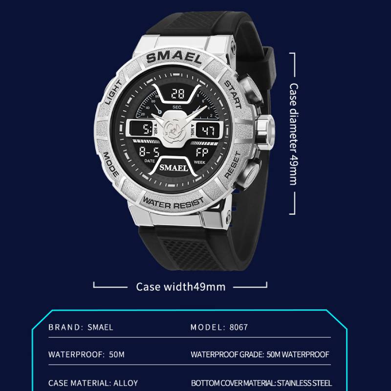 SMAEL Мужские часы 50 м водонепроницаемые спортивные кварцевые роскошные мужские часы брендовые секундомеры со светодиодной подсветкой 8067 мужские наручные часы