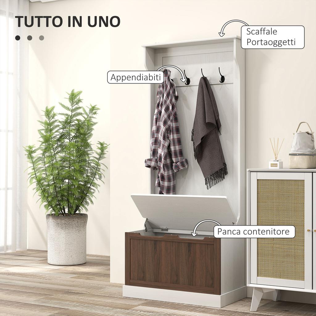 3-in-1 Coat Rack Furniture with 4 Hooks and Storage Bench, Wooden, 71.5x39.5x170 cm, White