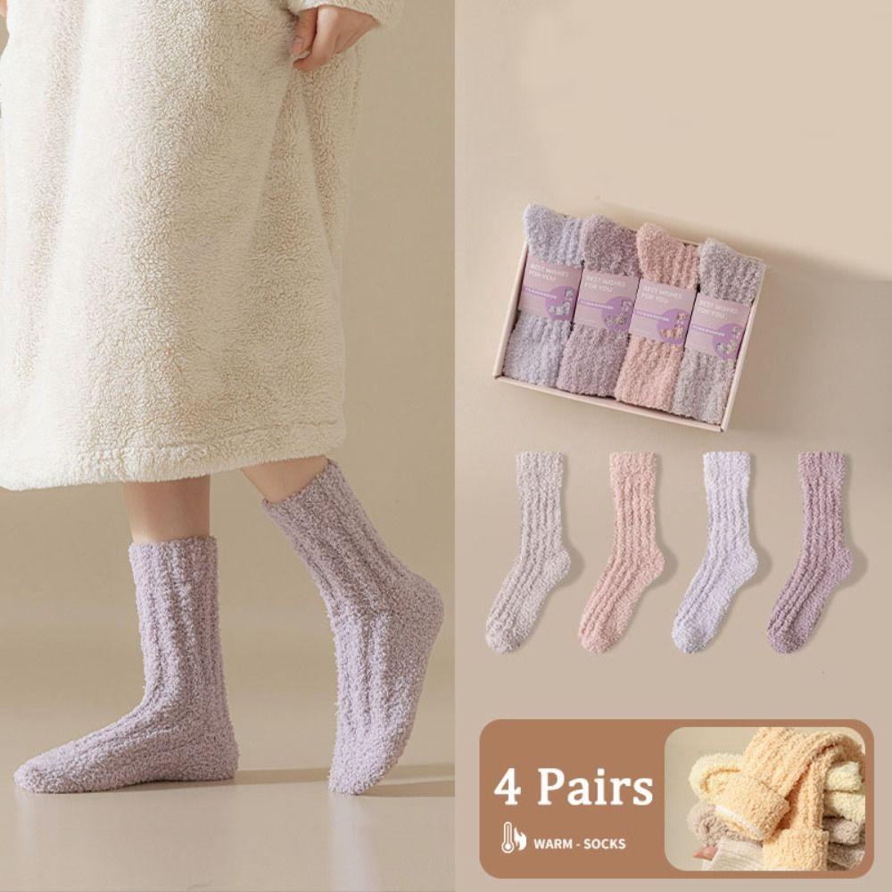 4Pairs Thickened Coral Fleece Socks Winter Mid Tube Socks Women Floor Plush Socks  For Female Men