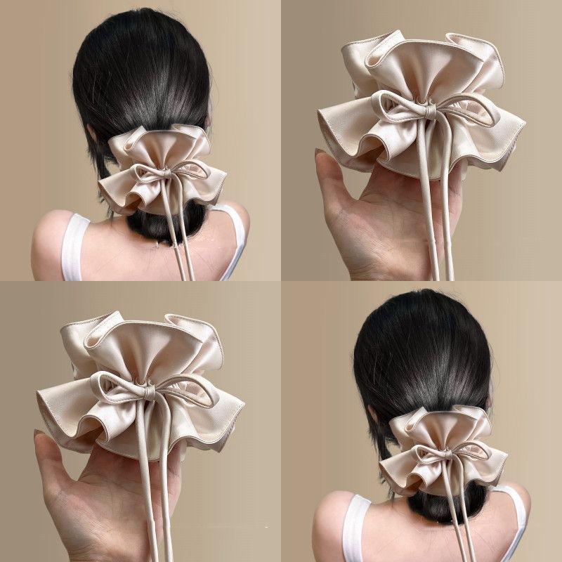 Elegant Double Layer Ruffled Bow Ribbon Scrunchie, Luxury Fashion Hair Tie for Women