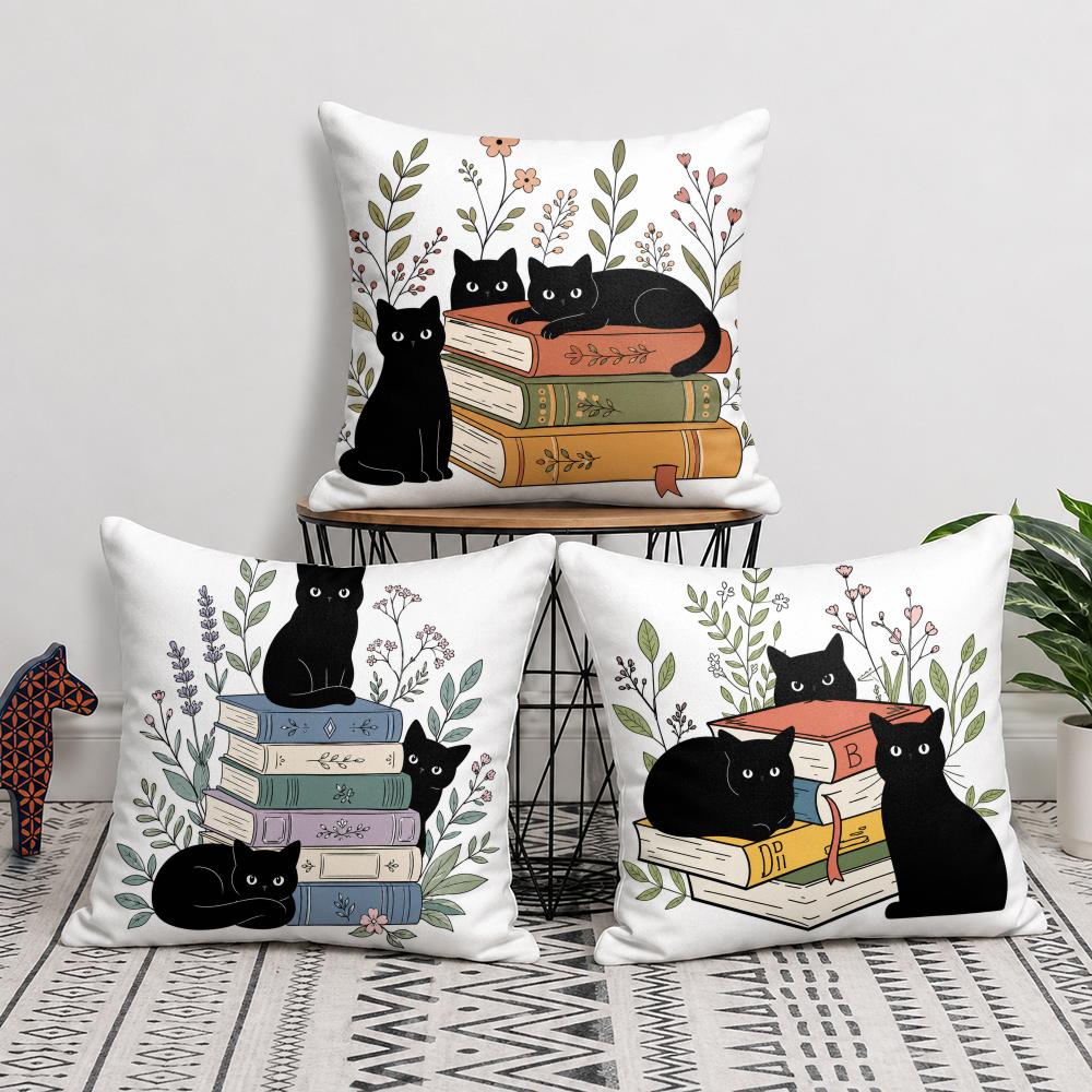 Подушка с принтом черных кошек с книгами, короткий плюш, мягкая, двусторонняя, для дивана, спальни, домашний декор, подарок