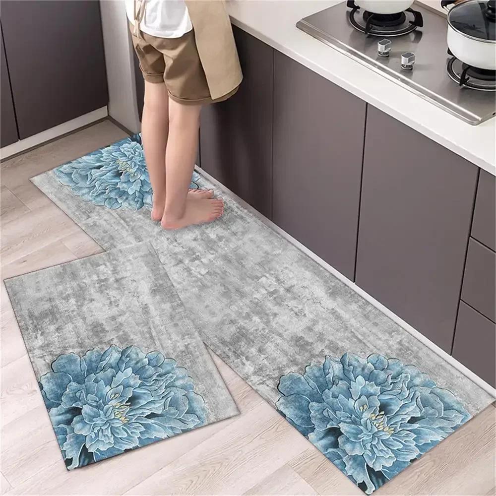 2 Pcs Kitchen Rug Set Non-Slip Oil Proof Washable Black White Diamond Print Floor Mats for Kitchen Sink Laundry Room